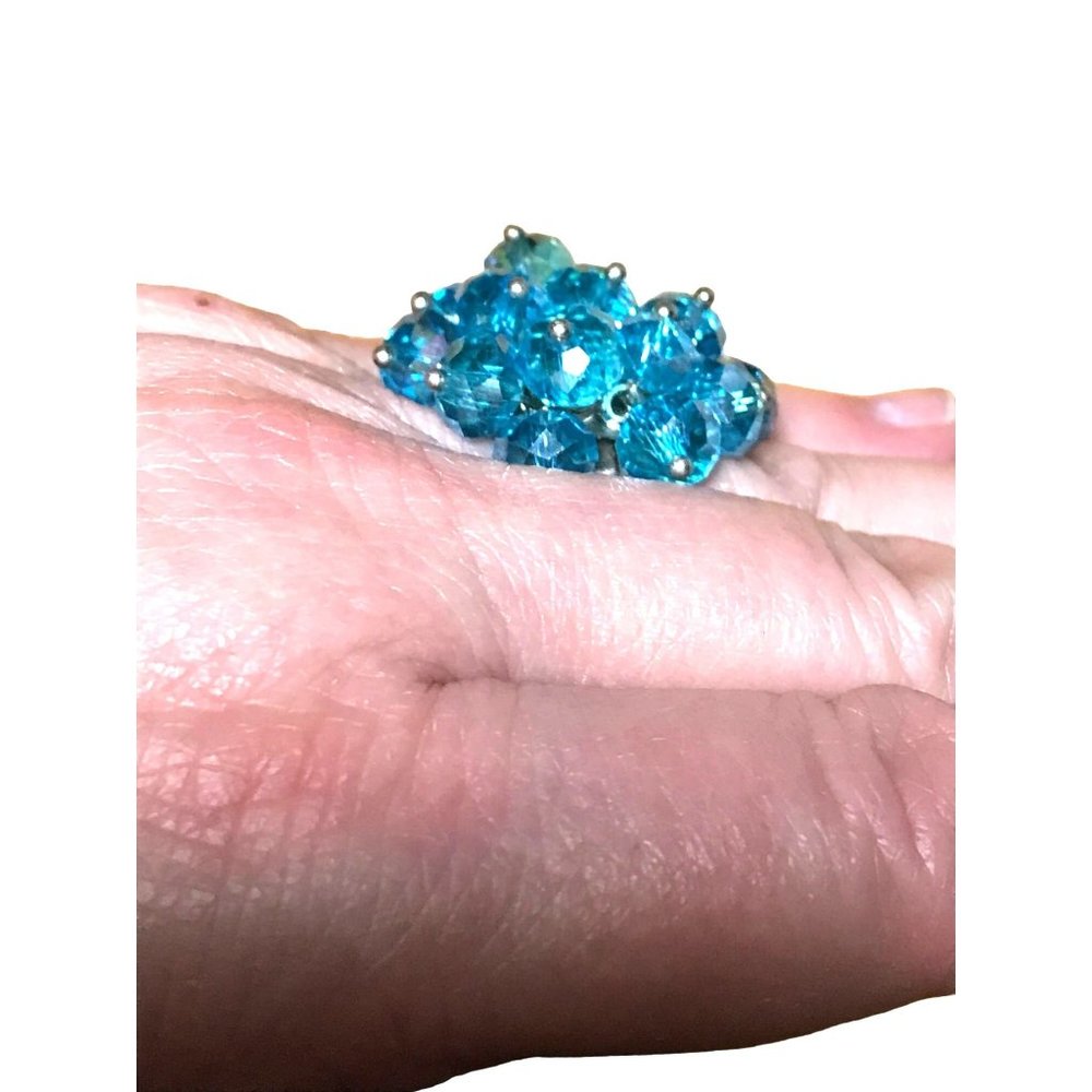 Vintage Aqua Blue Faceted AB Crystal Bead Cluster Cocktail Ring Adjustable - Picture 2 of 10